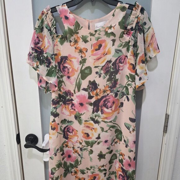 Charles Henry Dresses & Skirts - Charles Henry Pink Floral Cold Shoulder Dress Size M Double Lined Made in USA